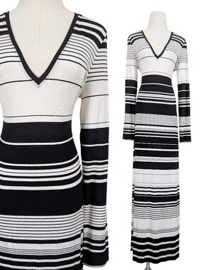 BCBG Striped Maxi Dress Bodycon Semi-Formal Size Medium Black White